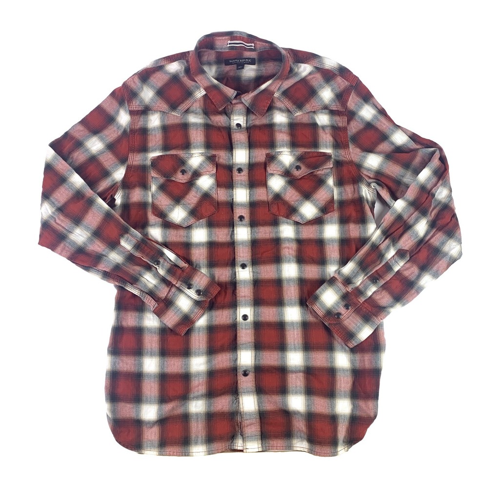 Banana Republic Tailoered Slim Fit Pearl Snap LS Sz L‎ Red Black Plaid Western
